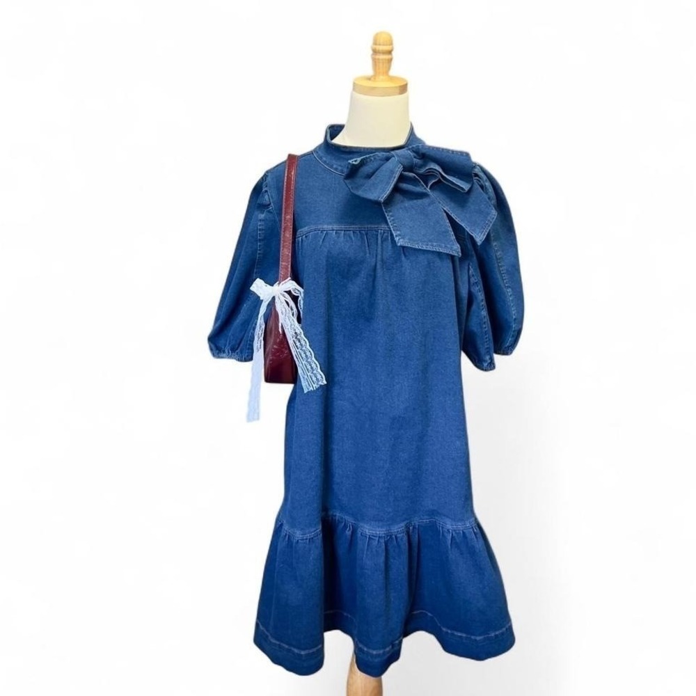 Sugar Lips Denim Bow Dress Aura Jacey Size Large Boho Preppy Western - Picture 2 of 8